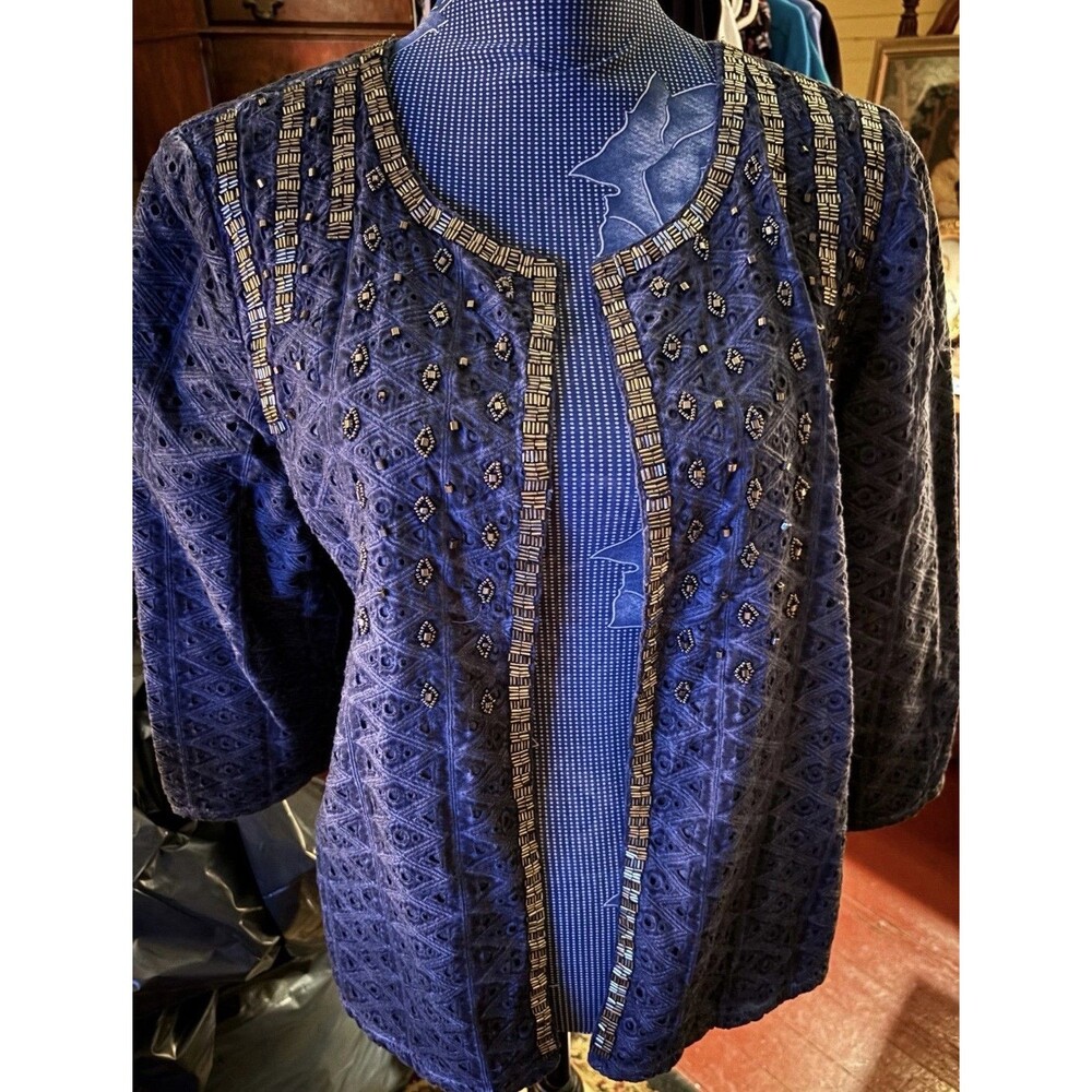 Chico’s Size 2 Women’s Beaded Embroidered Open Front Jacket Blue 100% Cotton